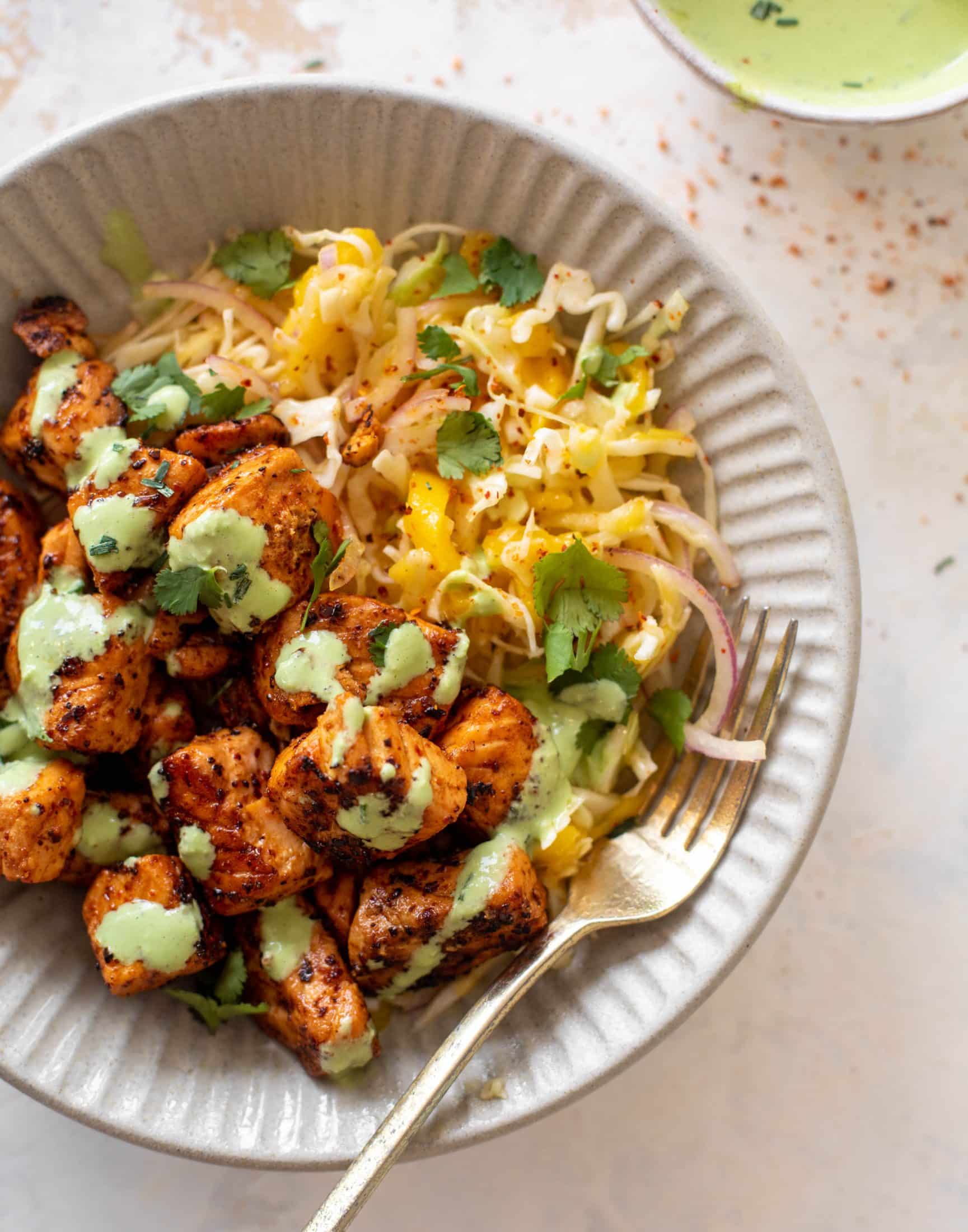 chili lime salmon bites with mango slaw