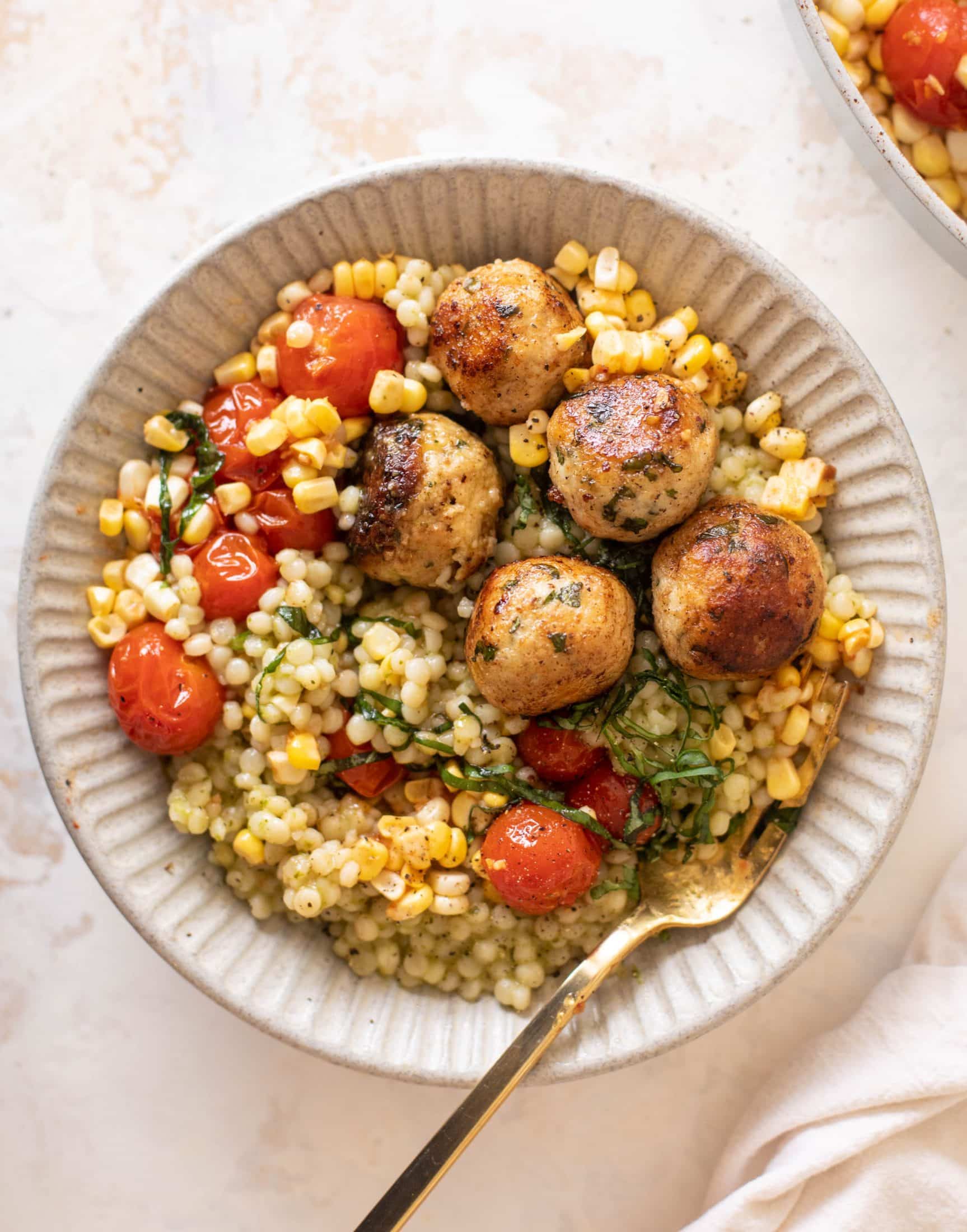 basil chicken meatballs with summer couscous