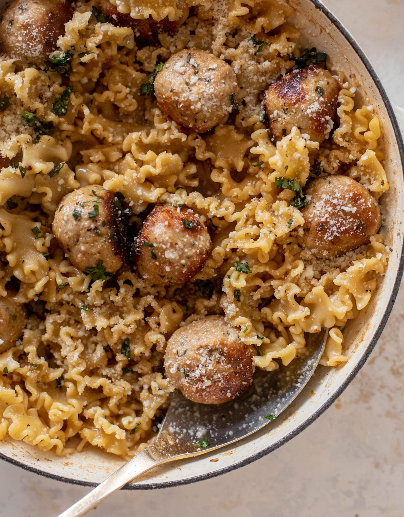 garlic butter chicken meatballs and noodles