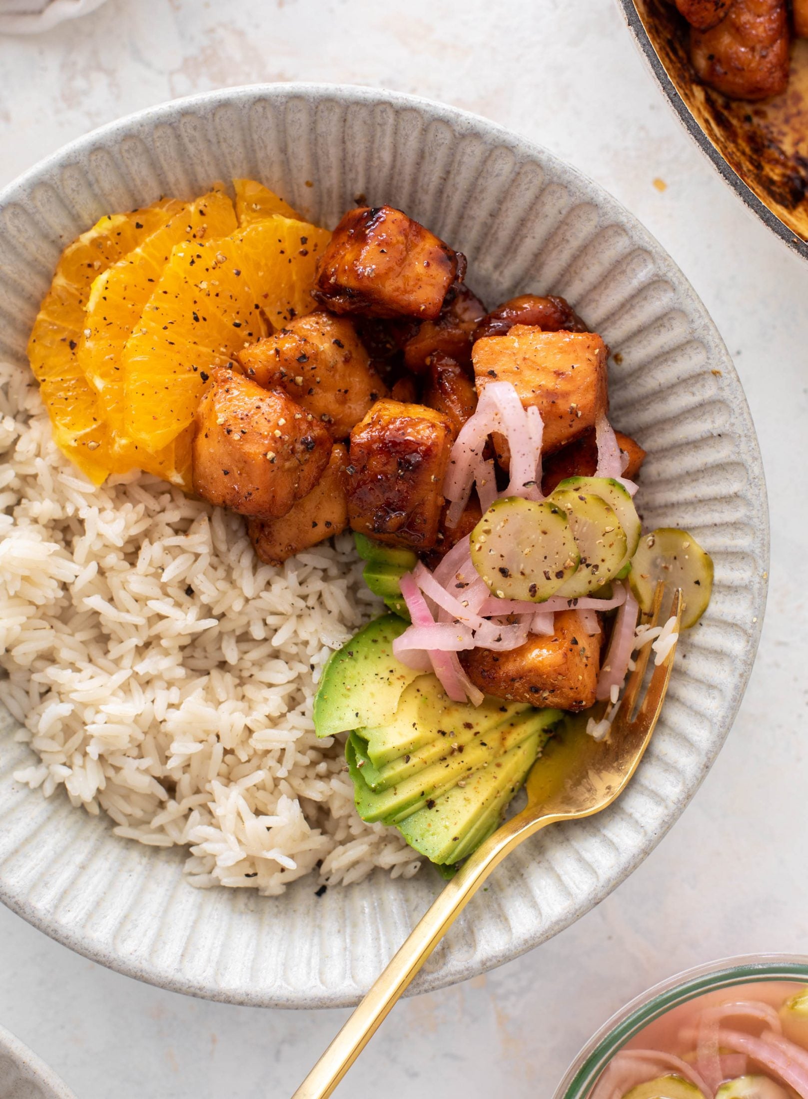 sticky orange salmon bowls