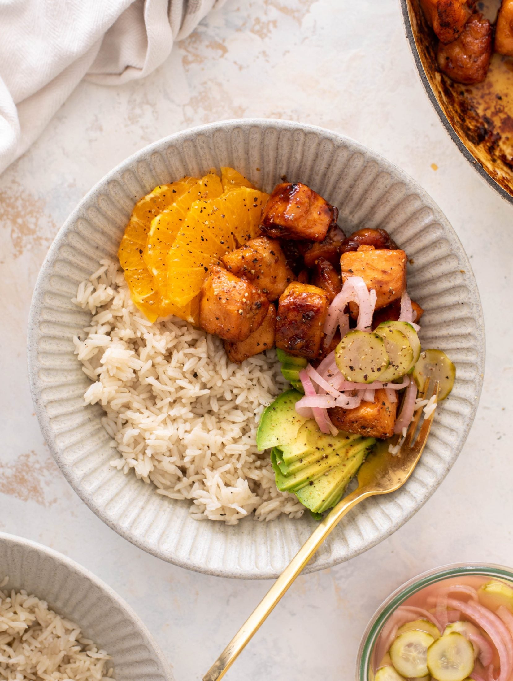 sticky orange salmon bowls