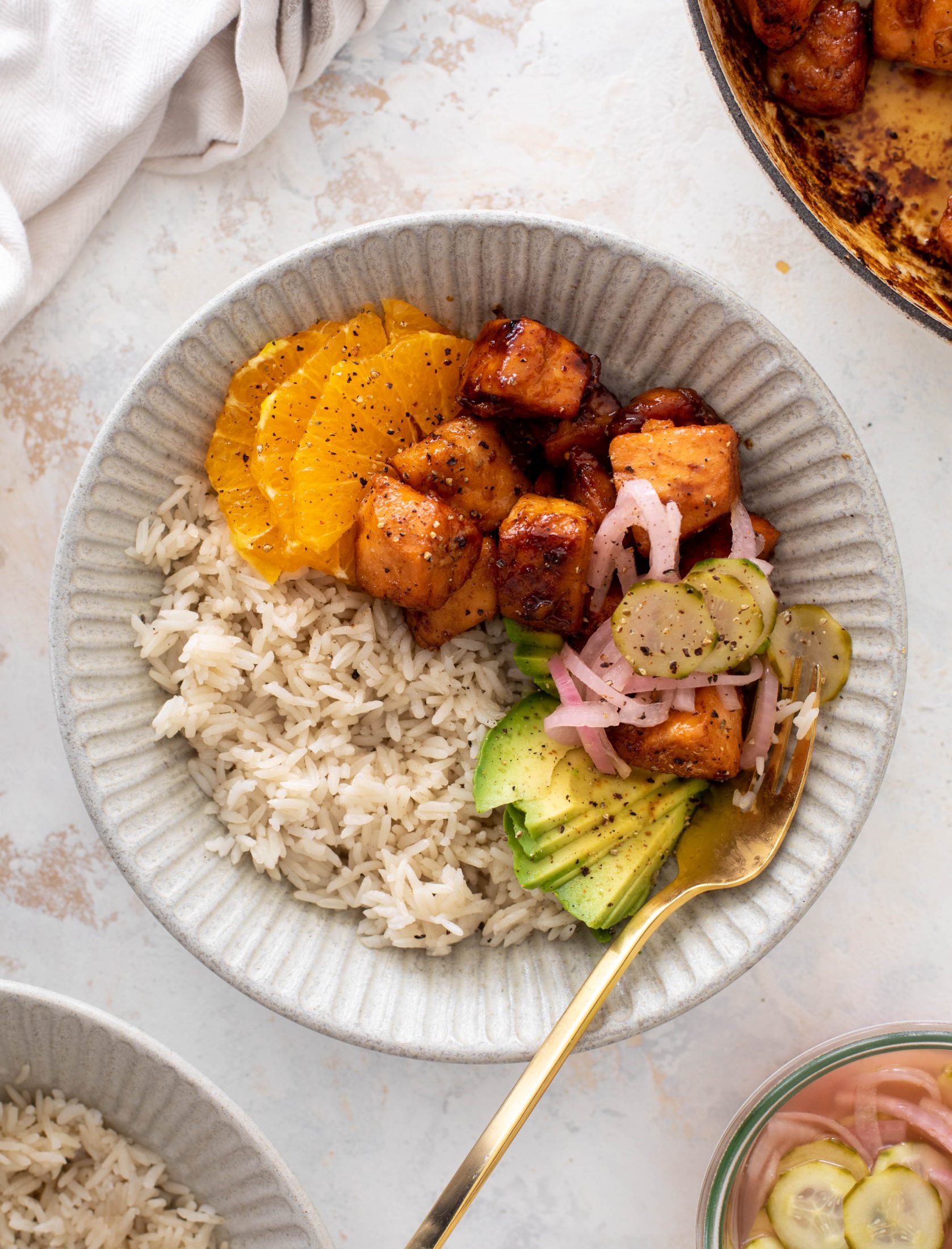 sticky orange salmon bowls