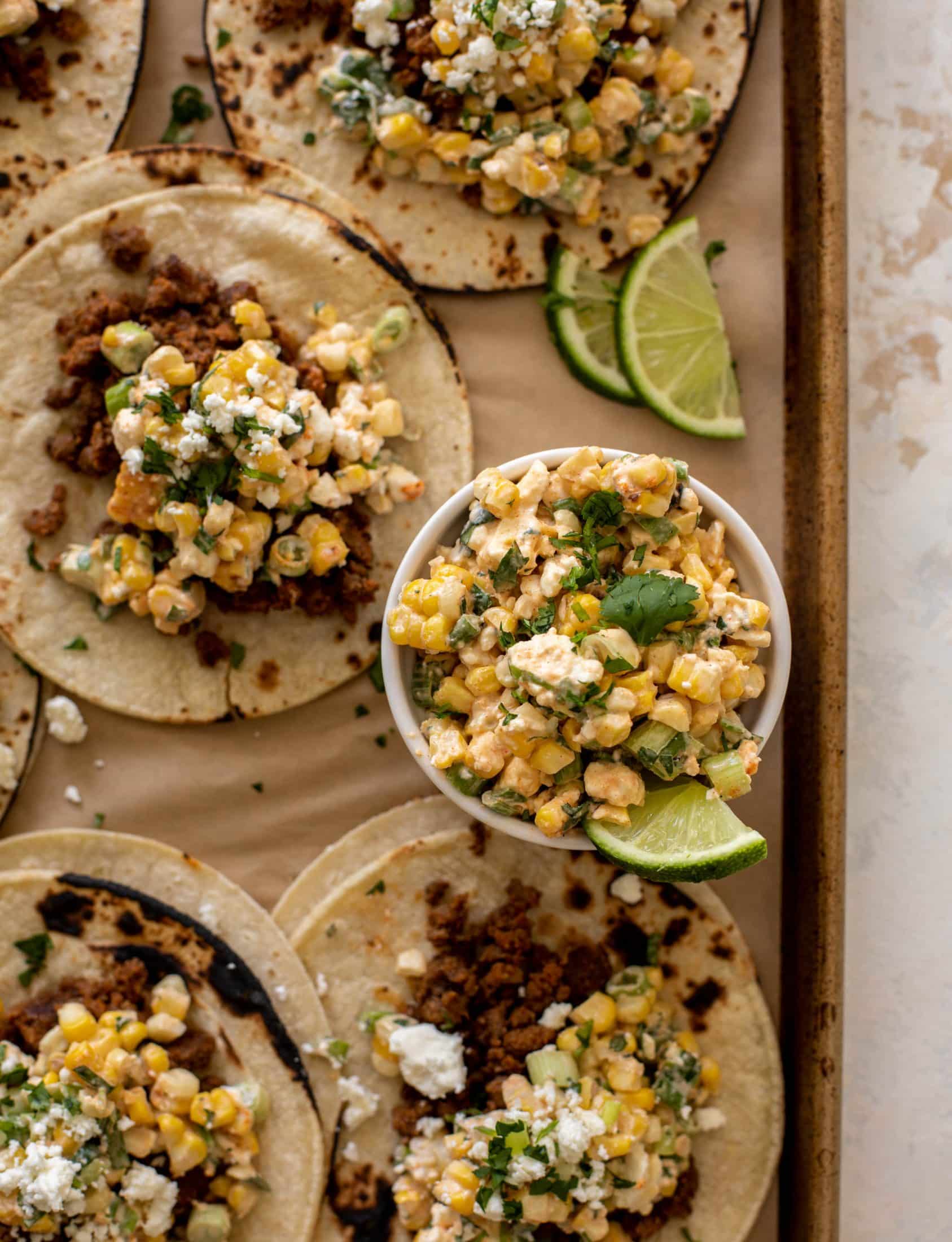 creamy street corn beef tacos