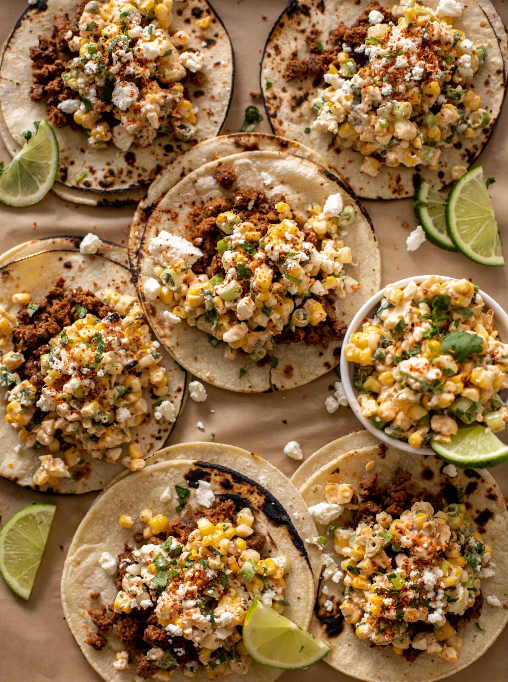 creamy street corn beef tacos