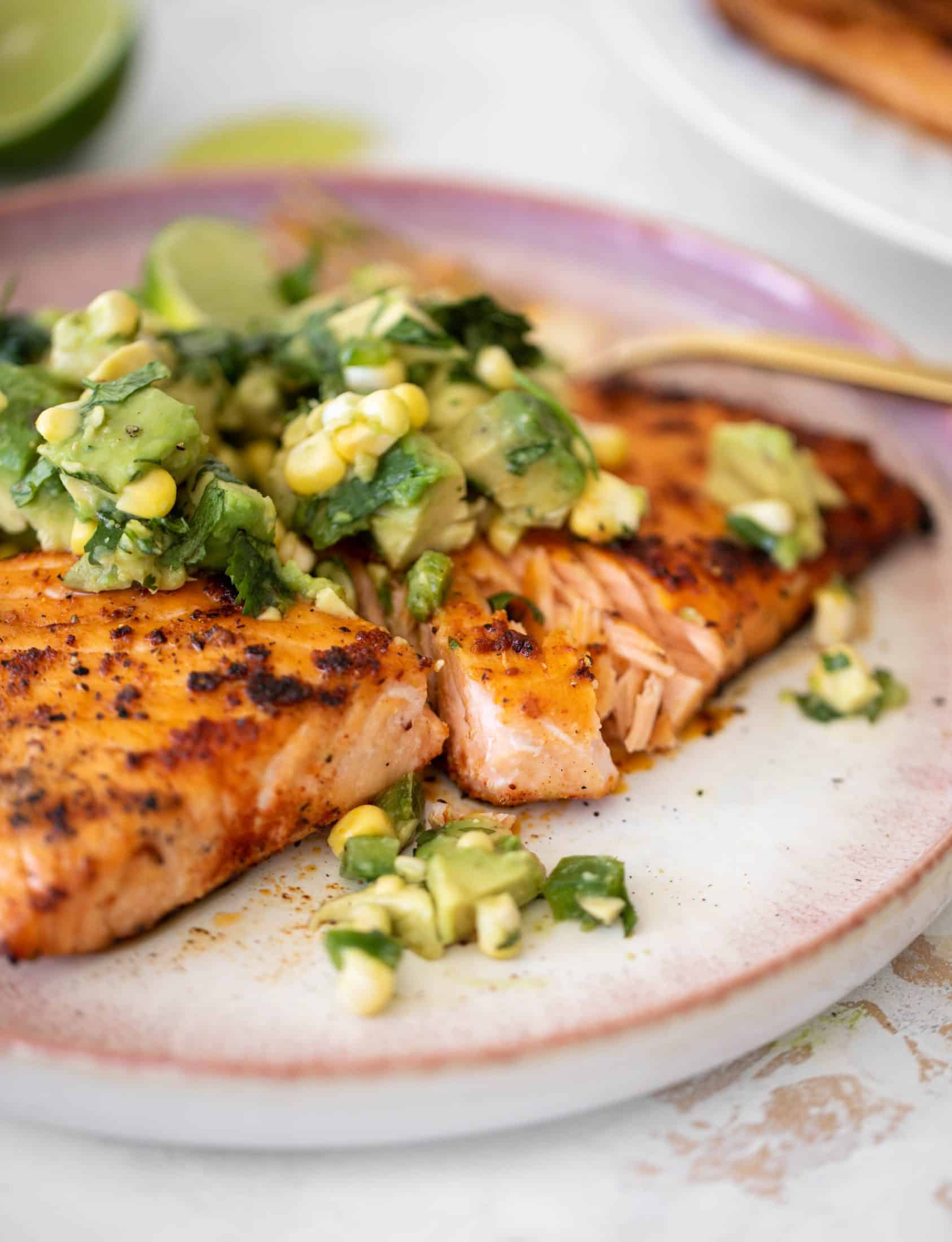 grilled salmon with avocado corn salsa